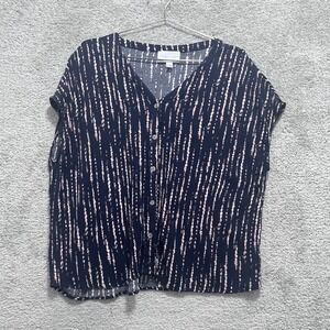 French Grey Button-Front Blouse Women's Size M Blue Rayon V-Neck Short Sleeve